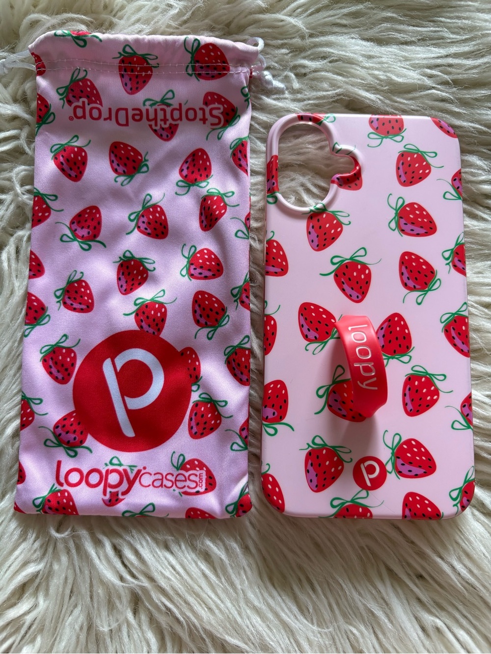 Loopy Cases Berries & Bows iPhone 16 Plus Strawberry Case w/ Pouch Strawberries